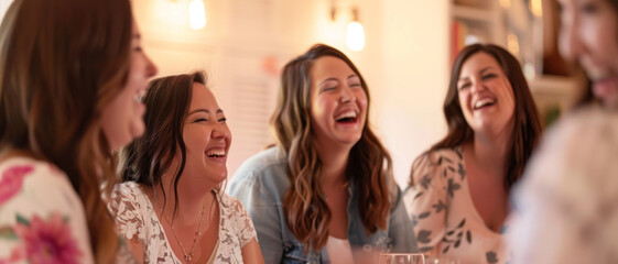 Obraz premium Women joyously laughing together in a cheerful indoor setting, capturing a moment of happiness, friendship, and genuine camaraderie.