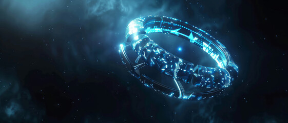 A futuristic, glimmering space ring rotates amidst a cosmic backdrop, evoking the boundless wonders of the universe and advanced technology.
