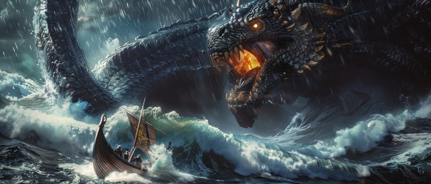 A mythical sea dragon with glowing eyes and flaming mouth emerges from the ocean as a Viking longship faces the menacing creature amid stormy waves.