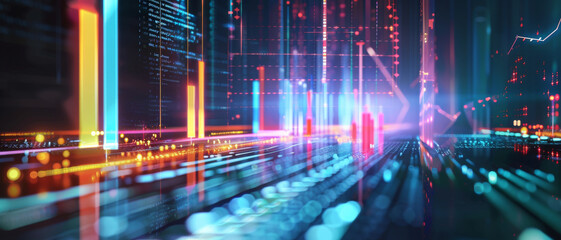 A vibrant, futuristic digital display of data analytics showcases bright, neon-colored graphs and charts, emphasizing the dynamic, high-tech environment.