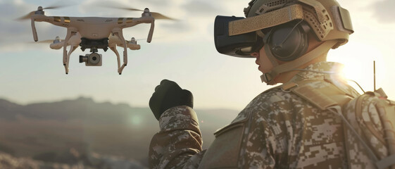 Soldier operating a drone with a virtual reality headset in a rugged setting, merging technology and tactical skill in a realistic scene.