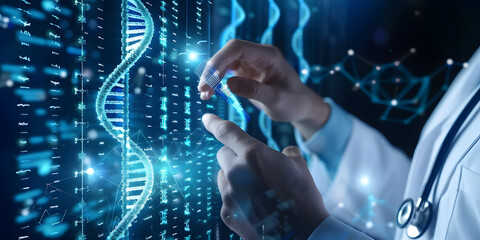 Doctor touching icon DNA. Digital healthcare and medical diagnosis of patient with network connection on modern interface. Healthcare and medical concept