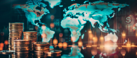 Stacks of coins with a world map and financial charts in the background, symbolizing global economy and financial growth.