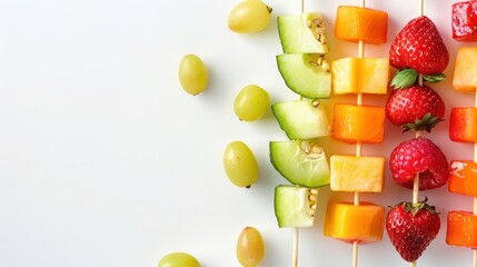 Colorful Fruit Skewers: Bright and colorful fruit skewers with a variety of fruits like strawberries, grapes, and melons.