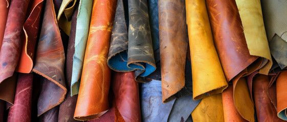 A richly textured display of leather rolls in a variety of colors, showcasing their natural variations and craftsmanship in detail.