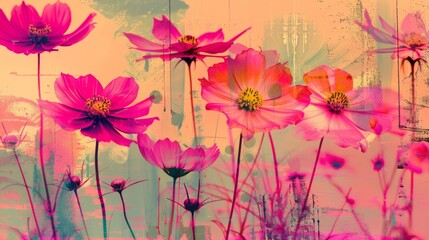 Vibrant pink and orange flowers in an abstract artistic composition, blending natural beauty with creative brushstrokes and color splashes, evoking a sense of liveliness.