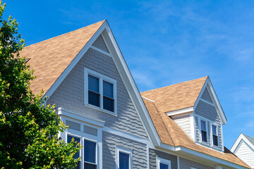 Newly Built Classic Style Family House Facade with Attic Space and Dormer Window, Brighton, Massachusetts, USA