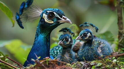 A stunning photo of a peacock and its chicks in a lush green environment, showcasing vibrant blue feathers and natural beauty. © Suphakorn