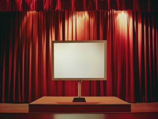 White screen on stage with red curtains and wooden podium