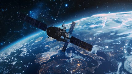 Spacecraft Orbiting Earth with a View of City Lights