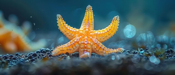 Vibrant orange starfish lies on a rocky seabed, surrounded by an underwater landscape with blue and teal hues, creating a mesmerizing marine scene.