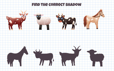 Game for children to find shadow with farm animals