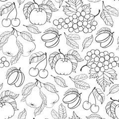 seamless pattern with fruits, black and white color