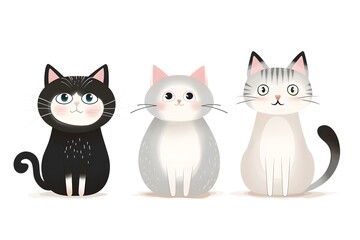 Fototapeta premium Adorable illustration of three cute cats with diverse fur colors against a white background.