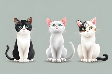 Three adorable cats with distinct fur patterns sitting side by side against a soft grey background