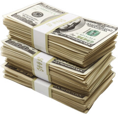 Detailed shot of stacks of US dollars bundle on transparent background or PNG file.