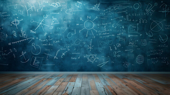 3D Rendering of a Blue Chalkboard with Mathematical Formulas on a Wooden Floor