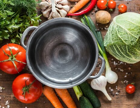 Topf mit Gem&uuml;se drumherum, Draufsicht 