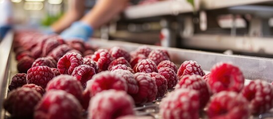 Close-Up of Frozen Raspberries on a Conveyor Belt