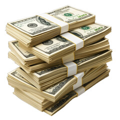 Detailed shot of stacks of US dollars bundle on transparent background or PNG file.