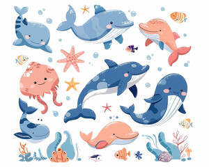 Fototapeta premium Cute Sea Animal Illustrations – Playful Ocean Life on White Background