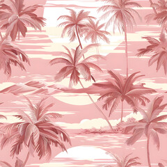 Pink tropical landscape pattern featuring palm trees and sunset