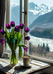 tulips and Cup of tea in the window