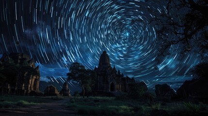 Star trails over an ancient temple