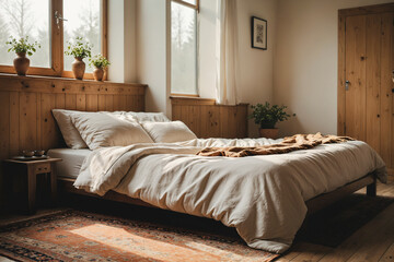 Obraz premium Cozy Minimalist Bedroom with Linen Bedding and Natural Light