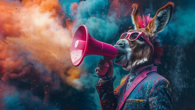 Fashionable donkey Wearing tuxedo and Sunglasses Holding Megaphone Against colorful cloud Background