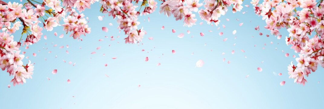 Cherry blossom petals in sky, spring floral wallpaper with sakura flowers, nature landscape banner