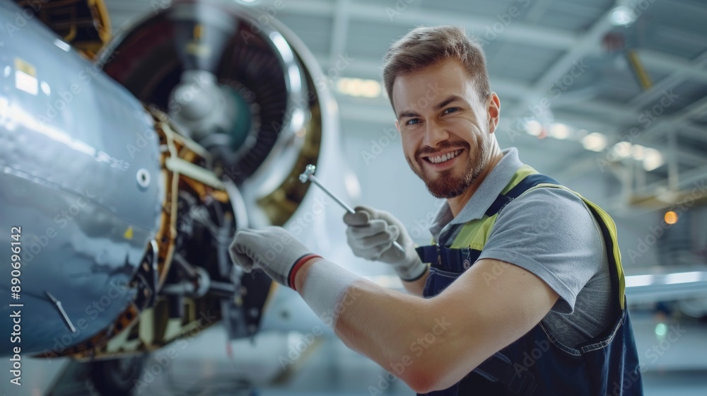 Aufkleber a man is smiling while working on an airplane engine