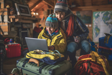 A young boy and girl are sitting on a bed with a laptop open in front of them
