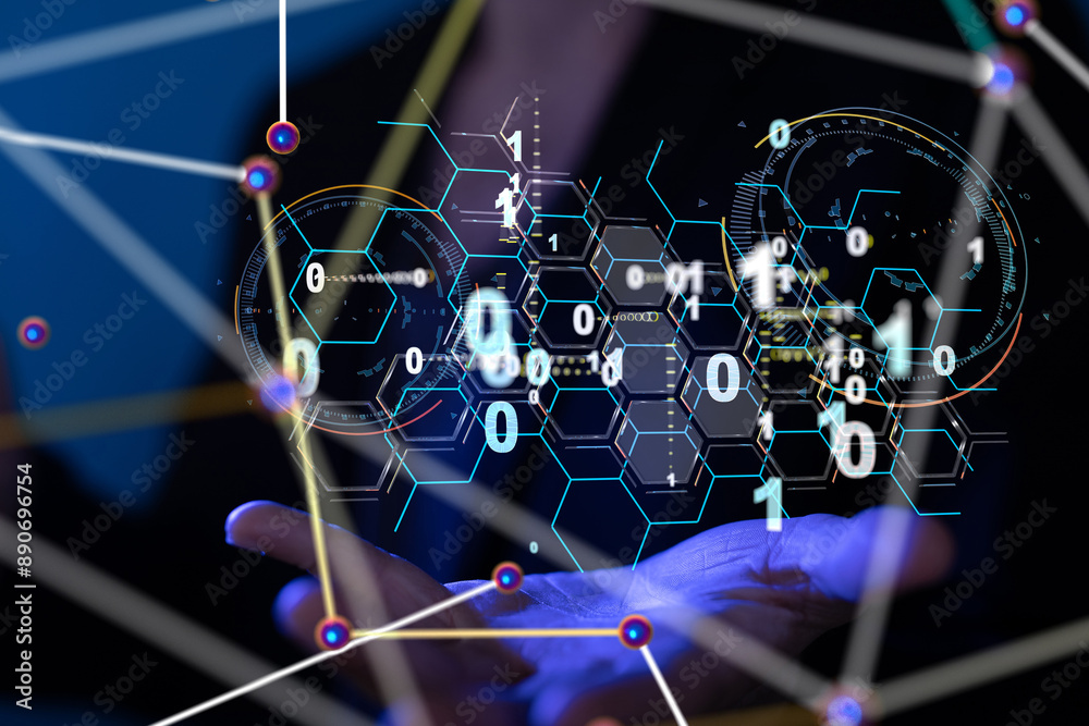 Poster Neural network 3D illustration. Big data and cybersecurity