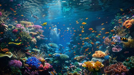 Obraz premium Wide view of a coral reef teeming with life.