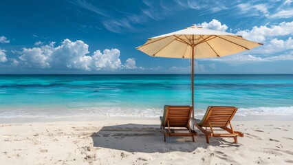 Serene beach setting with two lounge chairs under a large umbrella, facing the clear turquoise ocean on a sunny day.