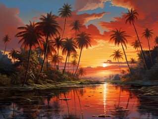 Tropical Sunset with Palm Trees Reflecting in Calm Water