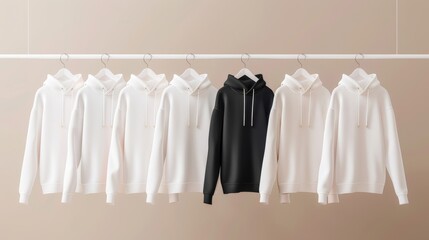 A row of white hoodies hanging on a rack