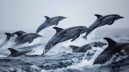 Naklejka premium Wide view of a pod of dolphins jumping. 