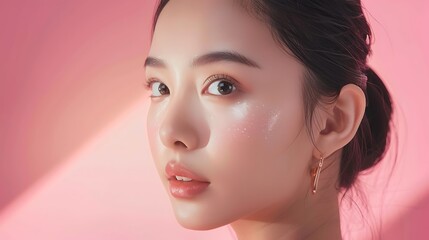 Close-Up Portrait of a Young Woman with Pink Background