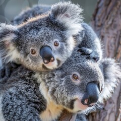 Obraz premium Close-up of a baby koala on its mother's back.