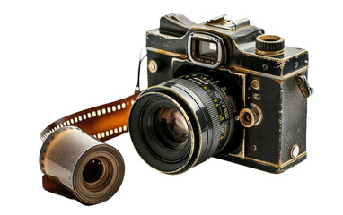Vintage Film Camera Displayed with a Roll of Film Celebrating Classic Photography Isolated on Transparent Background PNG.