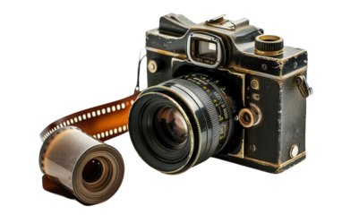 Vintage Film Camera Displayed with a Roll of Film Celebrating Classic Photography Isolated on Transparent Background PNG.