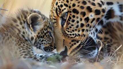 Obraz premium Close-up of a baby leopard with its mother. 