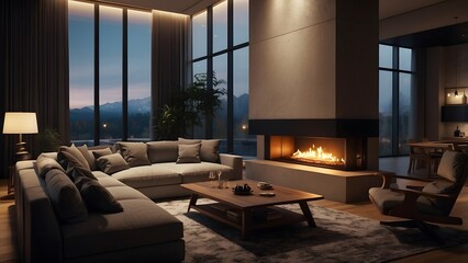 Obraz premium Fireplace modern minimalist living room interior design, dark color theme of a classic fireplace home decor interior architecture design of a living room 