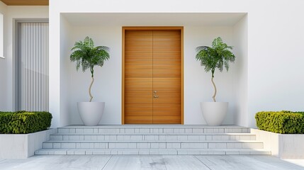 A white door with a wooden frame stands in front of a white wall