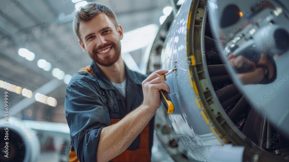 Poster a man is smiling while working on an airplane engine