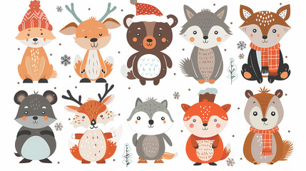 Charming set of winter animal stickers, showcasing adorable smiling animals in winter attire, ideal for decorating journals, holiday cards, and DIY projects