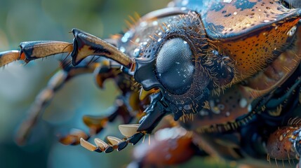 Close-up of a beetle showcasing its intricate details and vibrant colors in a natural environment during daylight hours
