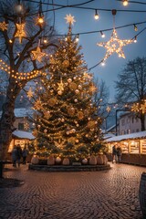 Obraz premium A high-definition photograph of a large Christmas tree in a town square, adorned with lights and ornaments, evening shot.